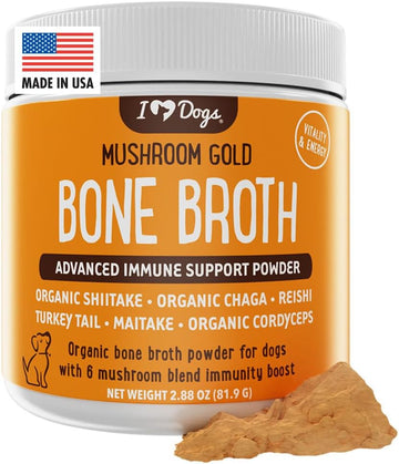 Iheartdogs Bone Broth For Dogs - Bone Broth & Mushroom Gold Powder Supplement For Immune System Support, Improved Mobility & Flexibility And Natural Detox - Turkey Tail Mushroom For Dogs