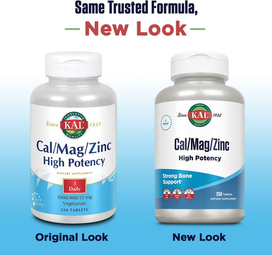 Kal Cal/Mag/Zinc | 1000Mg Calcium, 400Mg Magnesium & 15Mg Zinc | Bone, Muscle, Heart & Immune Support | 250Ct, 83 Serv