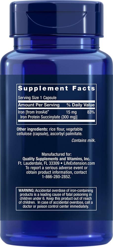 Life Extension Iron Protein Plus, iron protein succinylate, absorbable iron supplement for whole-body health, non-GMO, gluten-free, vegetarian, 100 capsules : Health & Household