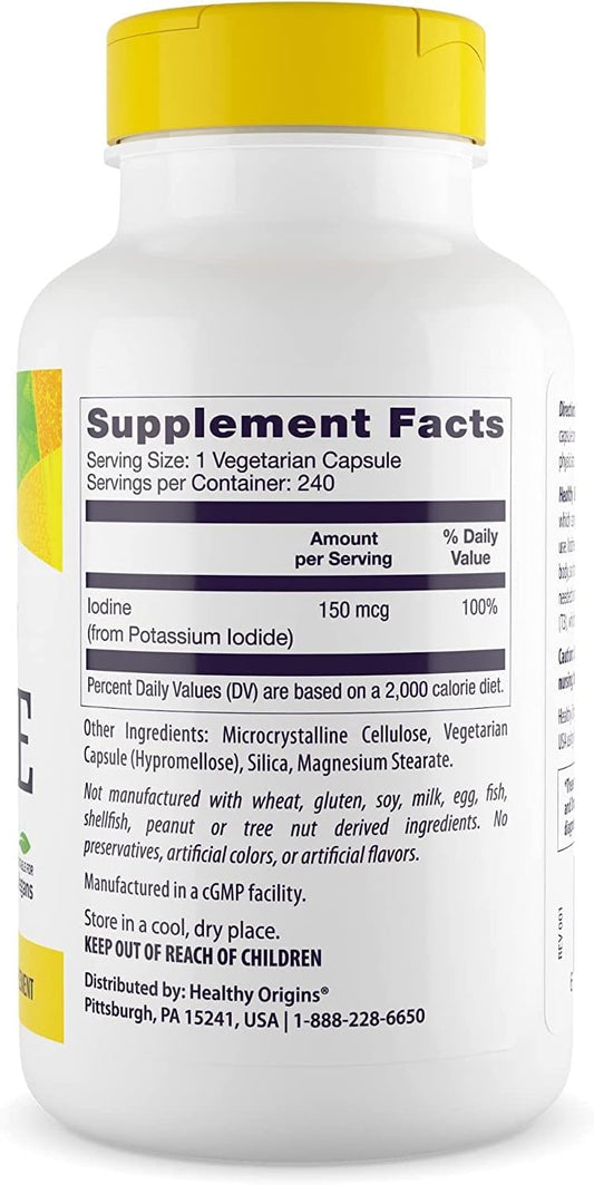 Healthy Origins European Iodine 150 MCG - Iodine Supplement for Thyroid Support - Vegan Iodine Pill from Potassium Iodide - Gluten-Free & Non-GMO Supplement - 240 Veggie Capsules