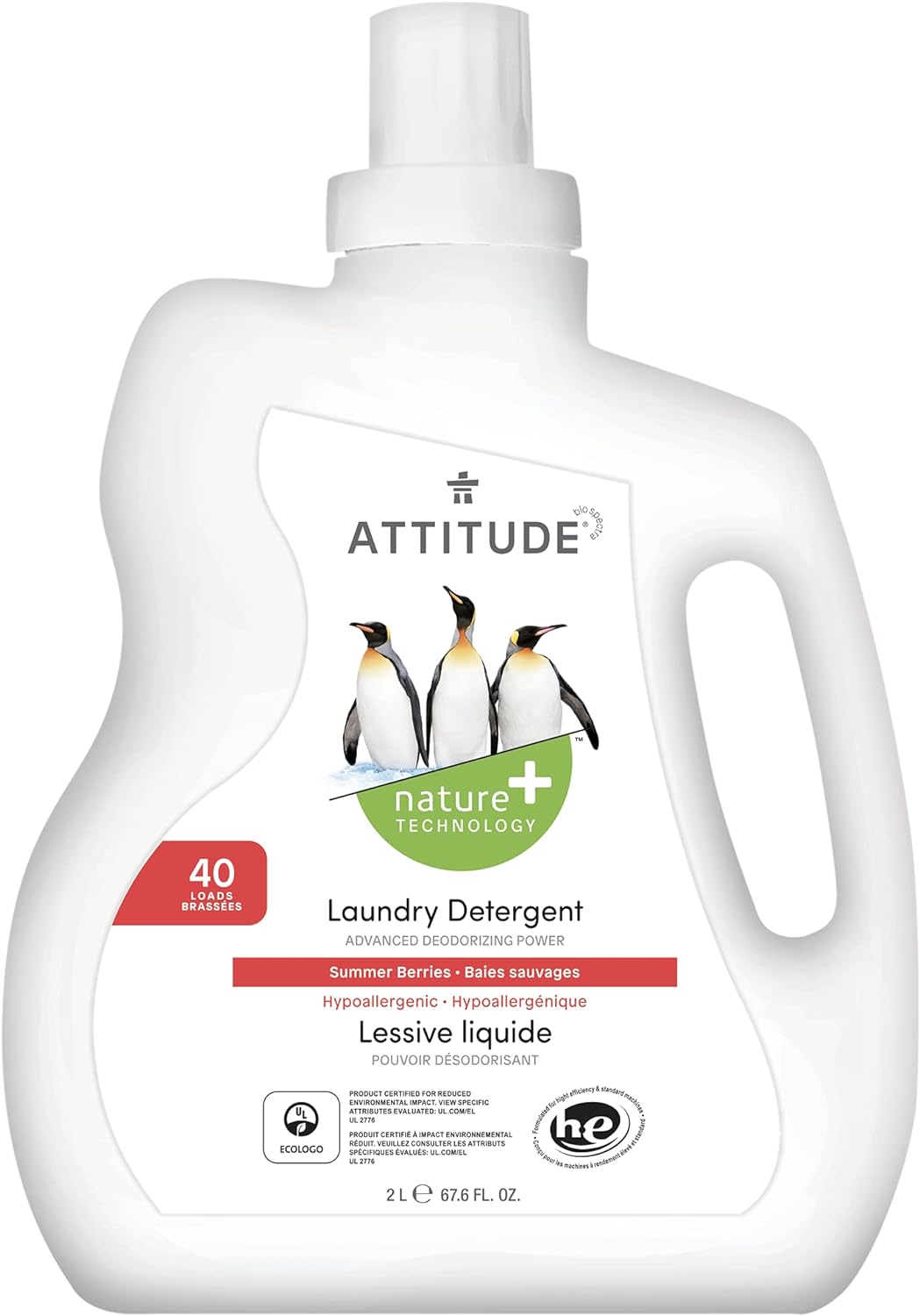 Attitude Liquid Laundry Detergent, Ewg Verified Laundry Soap, He Compatible, Vegan And Plant Based Products, Cruelty-Free, Summer Berries, 40 Loads, 67.6 Fl Oz