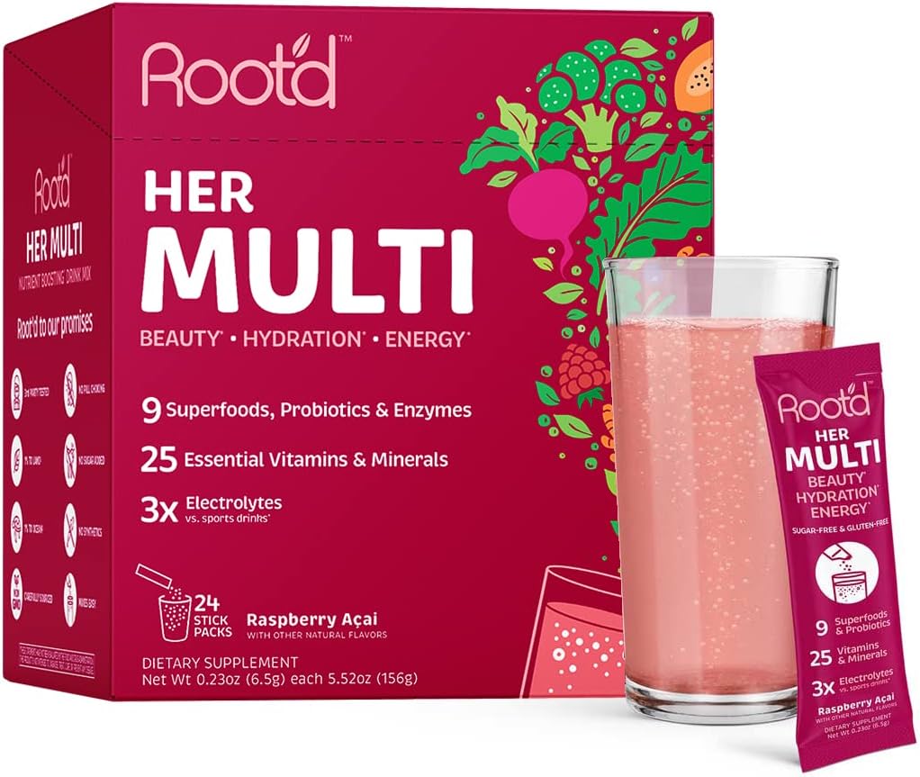 Root'D Multivitamin Powder For Women - 25 Vitamins & Minerals With 3X Electrolytes, 9 Organic Superfoods, Probiotics & Enzymes, Sugar-Free Multivitamin & Hydration | 24 Vitamin Drink Mix Packets