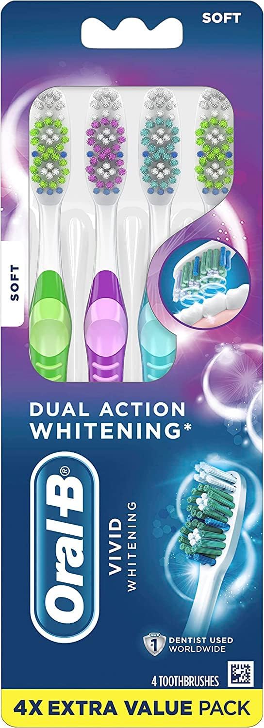 Oral-B Vivid Dual Action Whitening Toothbrushes, Soft, 4 Count (Packaging And Product Color May Vary)