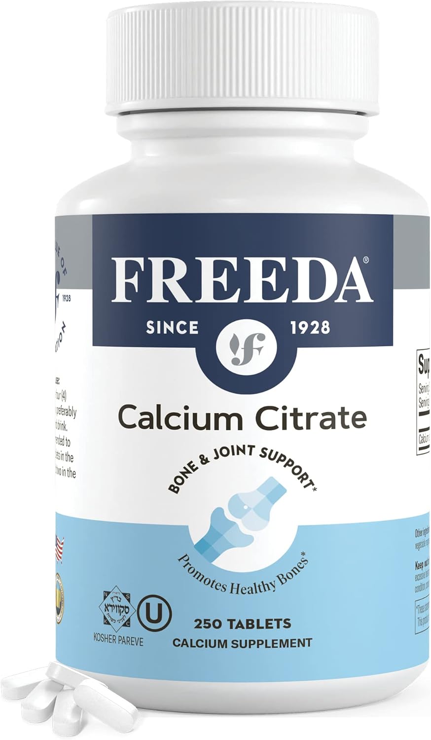 Freeda Calcium Citrate - Kosher Vegan Calcium Supplement For Women & Men - Bone Health & Joint Support - Calcium 1000Mg Per Serving - Calcium Citrate 1000Mg Tablets Calcium Without Vitamin D (250 Ct)