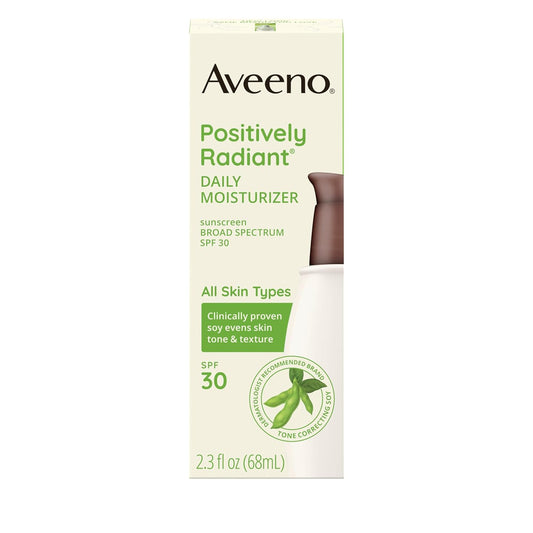 Aveeno Positively Radiant Face Moisturizer With Spf 30 Sunscreen, Hydrating Facial Moisturizer With Soy Extract To Visibly Improve Skin Tone And Texture, Hypoallergenic Formula, Oil-Free, 2.3 Fl Oz