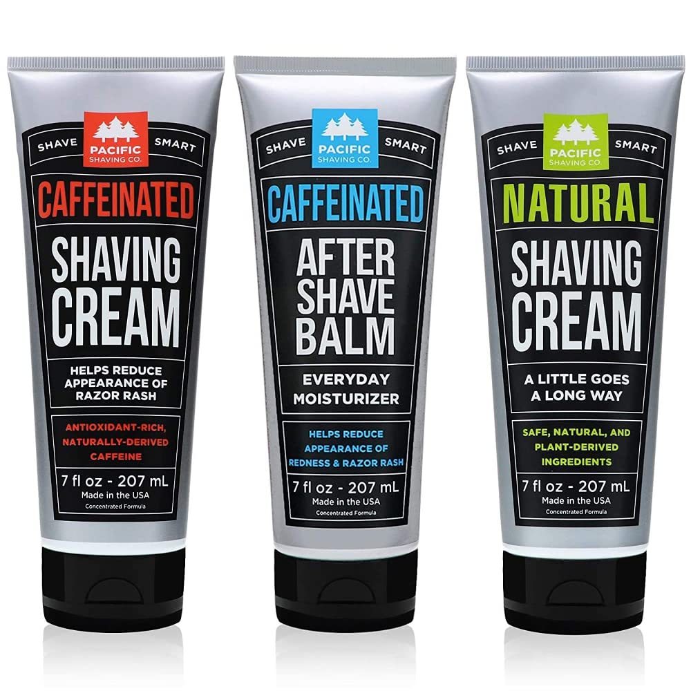 Pacific Shaving Company 3-Pc Shaving Essentials Set | Natural Ingredients Natural Shave Cream Caffeinated Shaving Cream,Caffeinated Aftershave 1 Ea