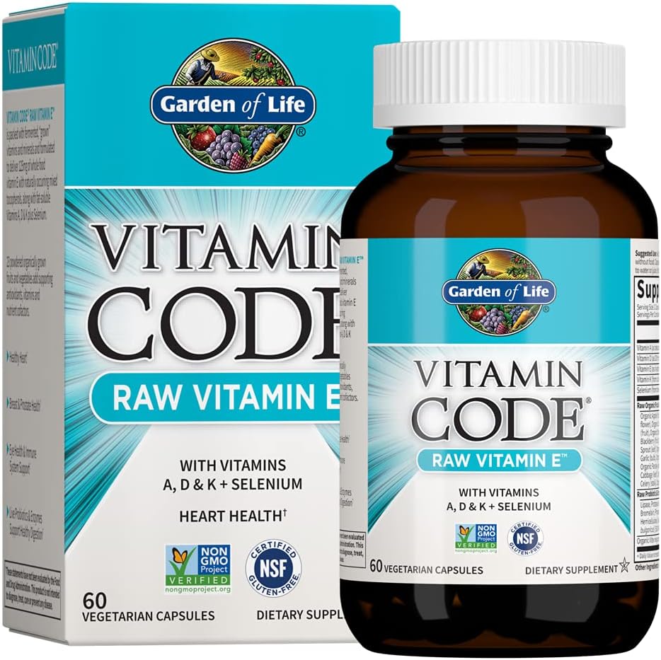 Garden Of Life Vitamin E - Vitamin Code Raw Vitamin E Supplement With Vitamins A, D & K Plus Selenium, Fruit, Veggies & Probiotics, 60 Vegetarian Capsules, 125Mg Whole Food Vitamin E For Heart Health