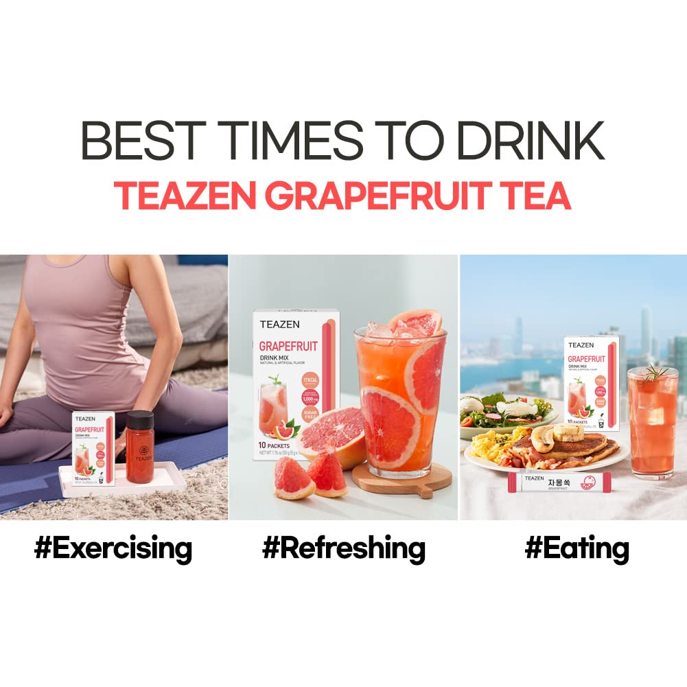 Teazen Grapefruit Tea, Sugar Free, Hibiscus And Green Tea, Powdered Mix Beverage From Korea, 10 Sticks, 1.76Oz