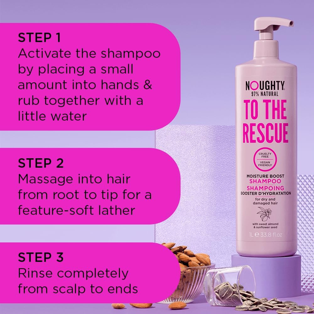 Noughty 97% Natural To The Rescue Moisture Boost Shampoo Sulphate Free Vegan Haircare Hydrating Formula For Frizzy & Damaged Hair With Sweet Almond And Sunflower Seed 1L