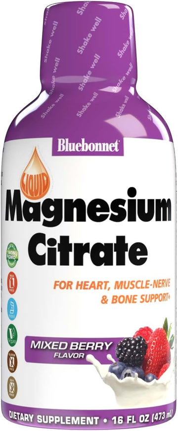 Bluebonnet Nutrition Magnesium Citrate 420 mg - Calm Mind & Body* ? Supports Heart, Muscle & Sleep* - Non-GMO, Vegan, Kosher, Gluten-Free, Soy-Free, Milk-Free - 16 FL OZ, Mixed Berry Flavor