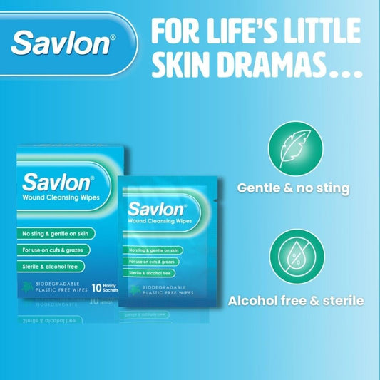 Savlon Wound Cleansing Wipes, Alcohol Free, Cleaning Wipes For Wounds, Pack Of 10 Wipes, Gentle, For Cuts And Grazes, Sterile, Alcohol Free, Biodegradable Plastic Free Wipes