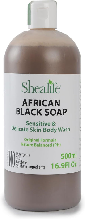African Black Soap Liquid, 500ml,16.9 Fl Oz, Unscented made using Unrefined Shea Butter & Virgin Coconut Oil. Contains No SLS, Detergents & Parabens. Ideal For Sensitive Skin types. Shealife, 500ml