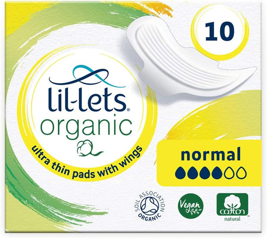 Lil-Lets Organic Cotton Normal Pads, 10 Count, Ultra Thin, with Wings, for Light to Medium Flow, GOTS Certified, Plastic Free, Biodegradable, 100% Organic Cotton Top Cover and Absorbent Core