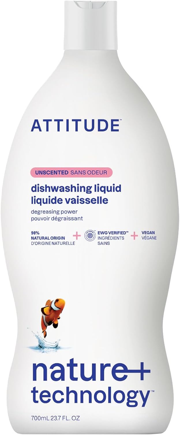 ATTITUDE Dishwashing Liquid, EWG Verified, Vegan Dish Soap, Plant Based, Naturally Derived Products, Unscented, 23.7 Fl Oz