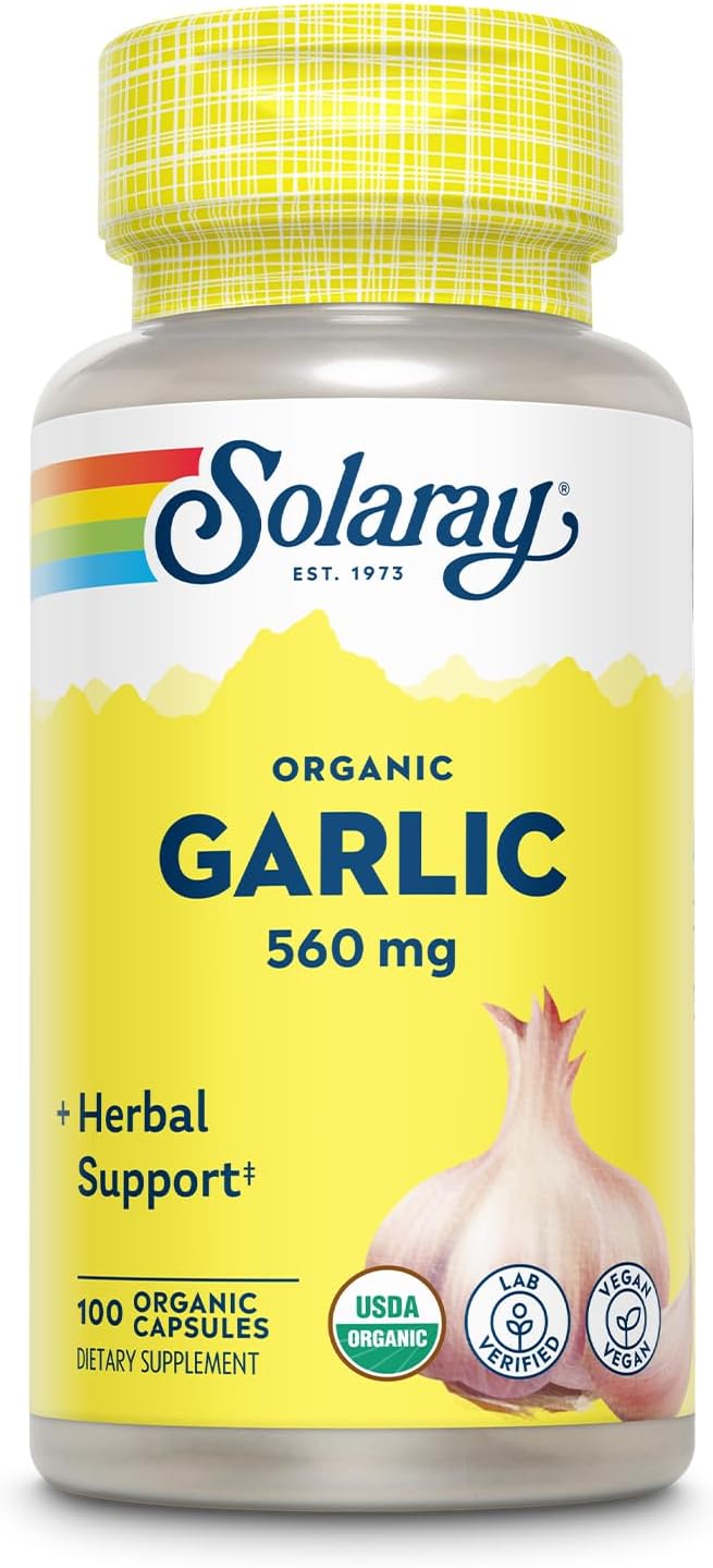 Solaray Organic Garlic Pills - 560 Mg Garlic Supplements For Heart Health Support - Usda Organic Garlic Capsules - Vegan - 60-Day Money-Back Guarantee - 100 Servings, 100 Vegcaps