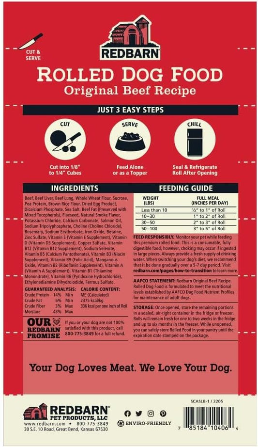 Redbarn Premium Rolled Dog Food, Semi-Moist, Beef Recipe - High Protein Full Feed, Topper, Training Treat, Or Pill Pouch - Balanced Meal With Functional Ingredients - 4 Lb. (8 Rolls)