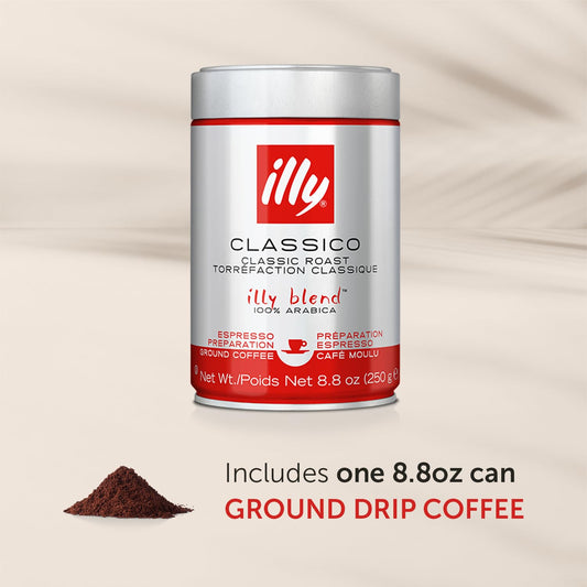 illy Drip Coffee - Ground Coffee - 100% Arabica Ground Coffee – Classico Medium Roast - Notes of Caramel, Orange Blossom & Jasmine - No Preservatives – Mild & Balanced – 8.8 Ounce