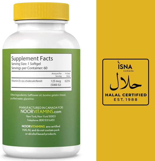 Noor Vitamins Halal Vitamin D, Halal Vitamin D3, 5000 IU Softgels, Supports Bone, Immune & Heart Health, from Safflower Oil to Maximize Absorption, Non-GMO, Gluten Free & Halal (60 Count)?