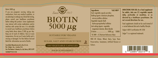 Solgar Biotin 5000 Mcg, 100 Veg Caps - Promote Healthy Skin, Nails & Hair - Supports Energy Production, Protein, Carbohydrate & Fat Metabolism - Vitamin B - Non Gmo, Vegan, Gluten Free - 100 Servings