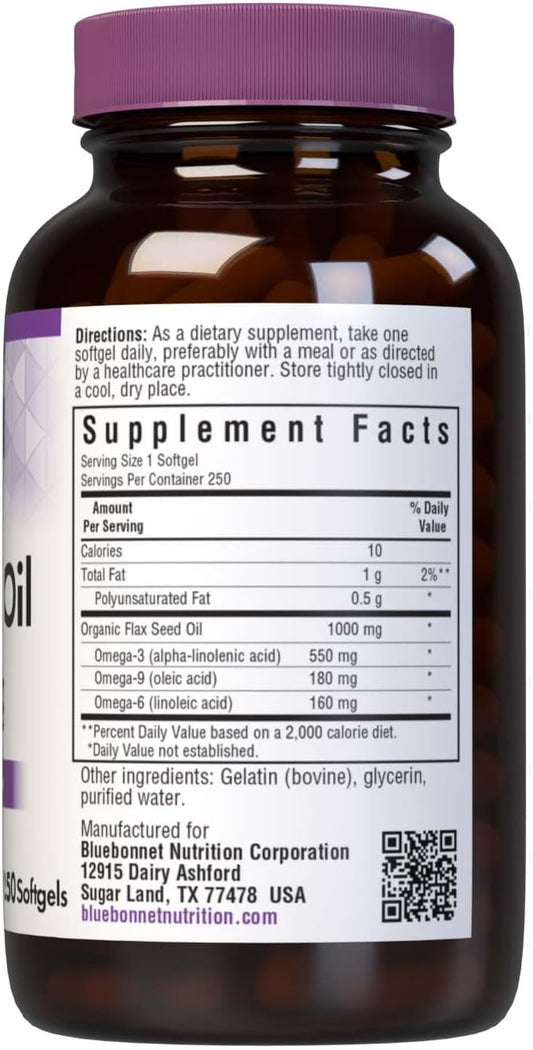 Bluebonnet Nutrition Flax Seed Oil Certified Organic 1000 Mg, 250 Softgels