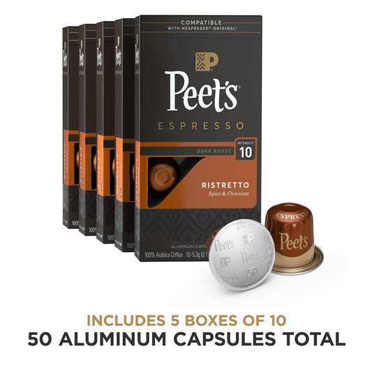 Peet's Coffee, Dark Roast Espresso Pods, Ristretto Intensity 10, 50 Count (5 Boxes of 10 Espresso Capsules)