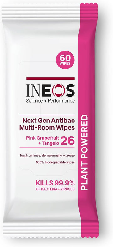 Ineos Next-Gen Antibac Multi-Room Disinfectant Biodegradable 60 Wipes, Pink Grapefruit + Tangelo, Kills 99.9% Of Bacteria + Viruses, Plant Powered, Packaging May Vary