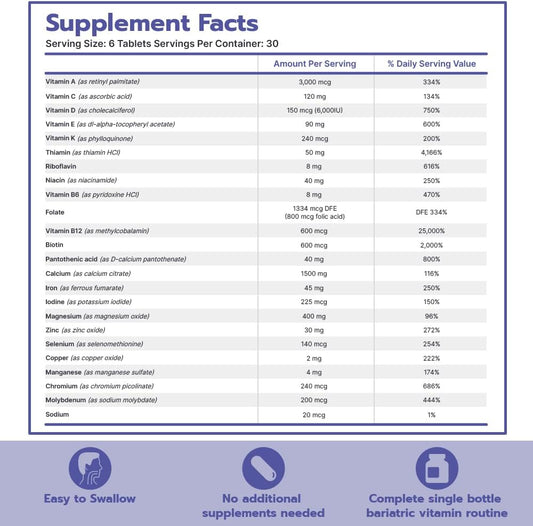 Bari Life Complete Bariatric Multivitamin Non-chewable Tablet w/ Calcium Citrate and Iron - 180 Tablets/Bottle