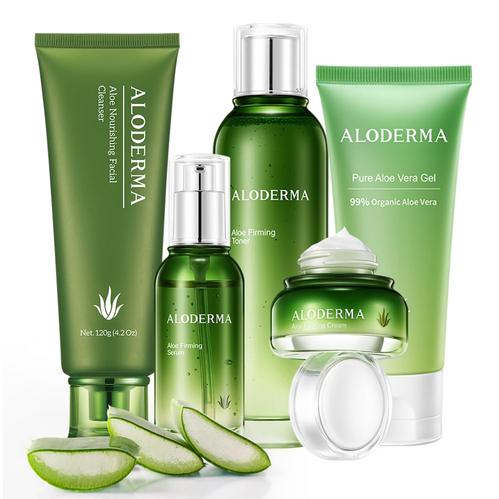 Aloderma Signature Aloe Firming & Rejuvenating Set - 5 Pieces - Gel, Cleanser, Toner, Serum, Cream