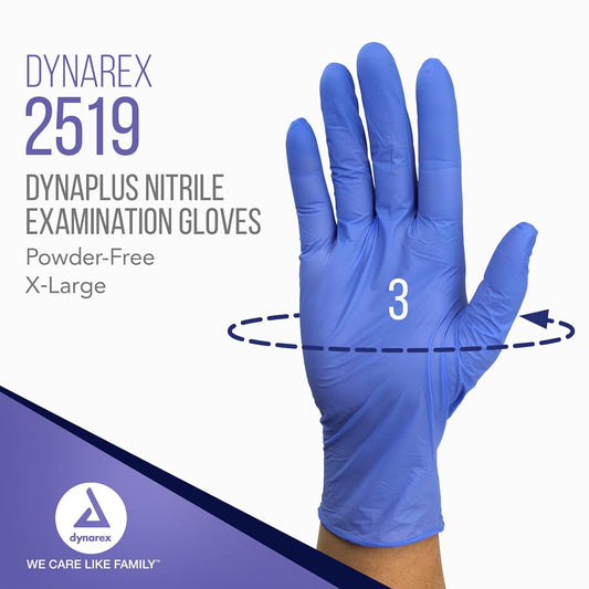 Dynarex Dynaplus Disposable Nitrile Exam Gloves, Powder-Free, Latex-Free, Strength + Value, Used By Professionals, Blue, Extra-Large, 1 Box Of 180