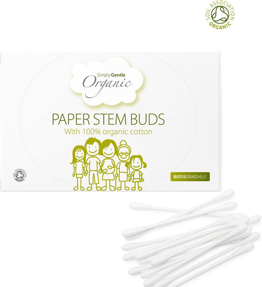 Simply Gentle Organic, Cotton Buds - 100% Organic Cotton & Fsc Paper Stems - For Cleaning Delicate Areas Around Eyes & Outer Ears - Eco Friendly & Biodegradable - 200 Buds X 6 Packs