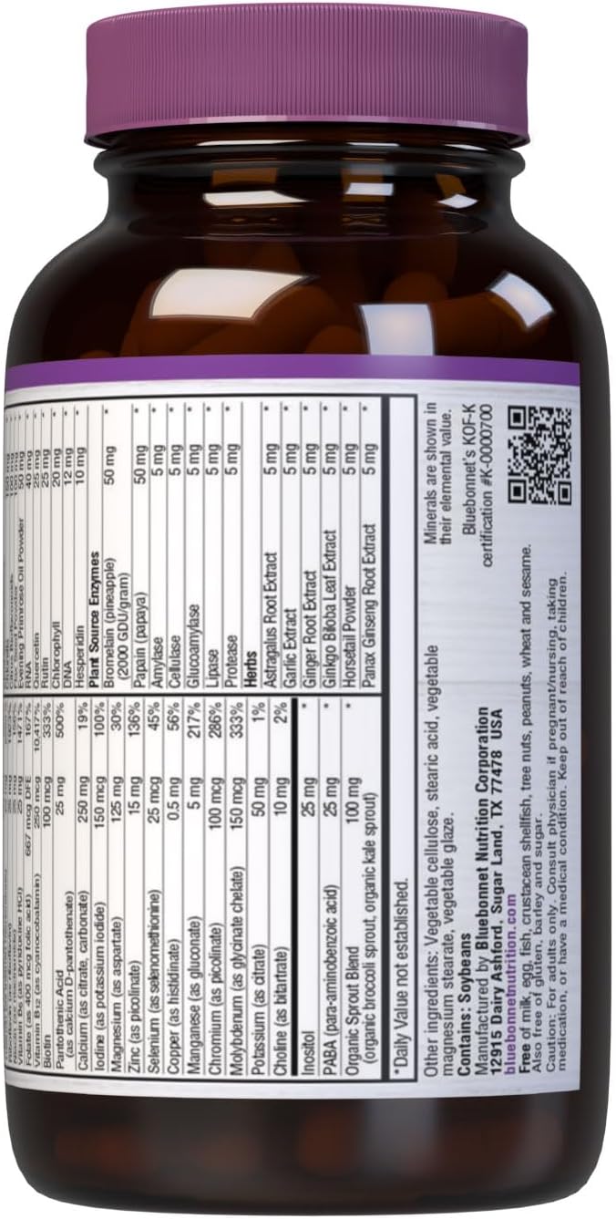 Bluebonnet Super Earth Multi-Nutrient Formula Iron Free Caplets, 180 Count, White,Green