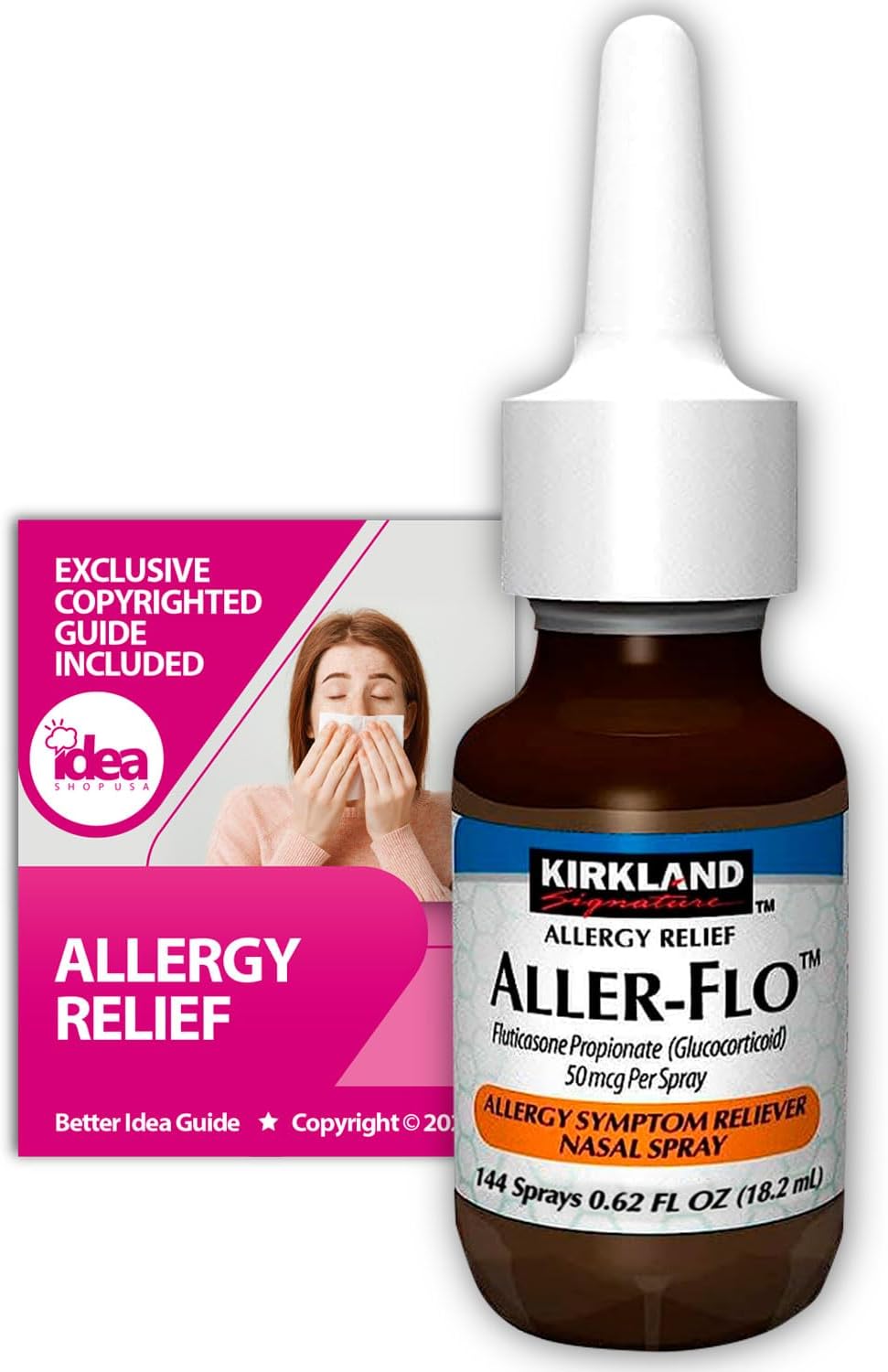 Kirkland Signature Aller-o uticasone Propionate (Glucocorticoid) 50 mcg, Nasal Allergy Spray (1 Bottle 144 Metered Sprays) Bundle with Exclusive "Allergy Relief" - Better Idea Ge