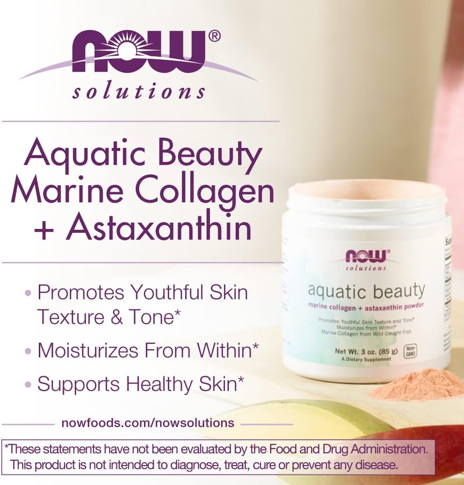 NOW Foods Solutions, Aquatic Beauty Plus Marine Collagen From Wild-Caught Fish and Astaxanthin Powder, 3-Ounce