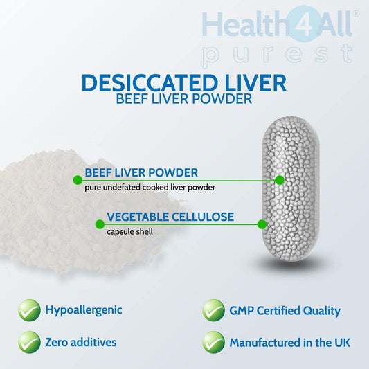 Health4All Desiccated Beef Liver Supplement 750Mg Per Capsule 120 Capsules, Un-Defatted To Provide Full Absorption Of Naturally Occurring Vitamins And Minerals Found In Beef Liver | Made In The Uk