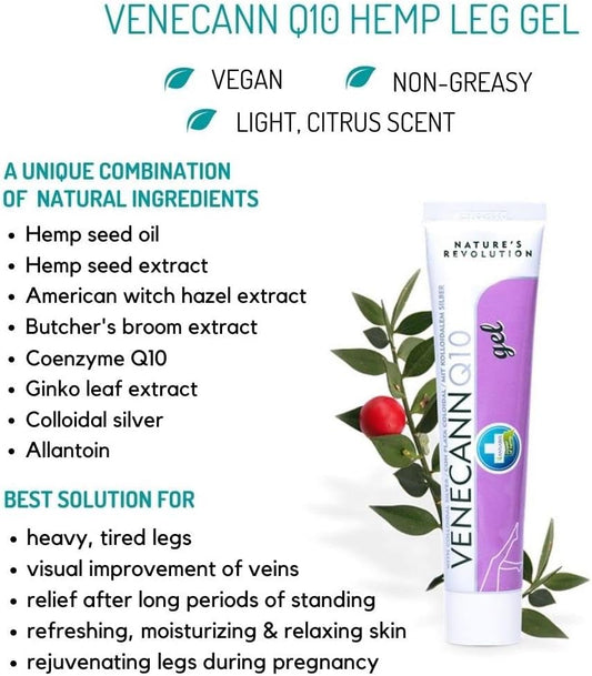 Venecann Q10 Natural Vegan Leg Gel - Varicose & Spider Veins Remedy - Tired & Heavy Legs Relief - Improve Blood Circulation & Capillary Health - Swollen & Stiff Knees & Ankles Relief