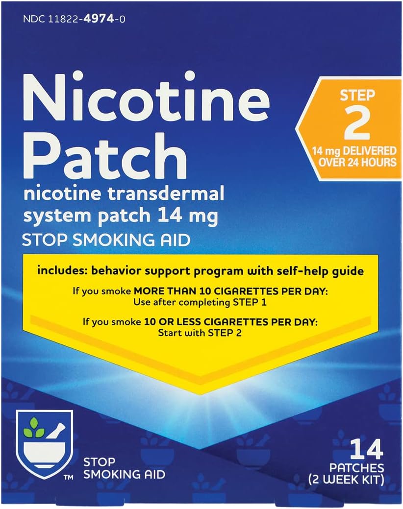 Rite Aid Nicotine Transdermal System Patch, Step 2, 14Mg - 14 Ct, Nicotine Patches Step 2 | Quit Smoking, Quit Smoking Aid | Nicotine Patch | Bonus Behavioral Support Program Information Included