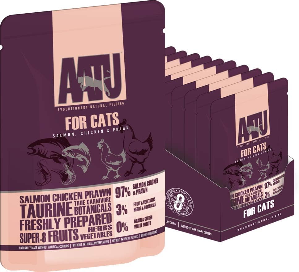 AATU 97/3 Wet Cat Food - Salmon - Chicken & Prawn (10x85g) - Grain Free Recipe with No Artificial Ingredients - Easy Tear Pouches :Pet Supplies