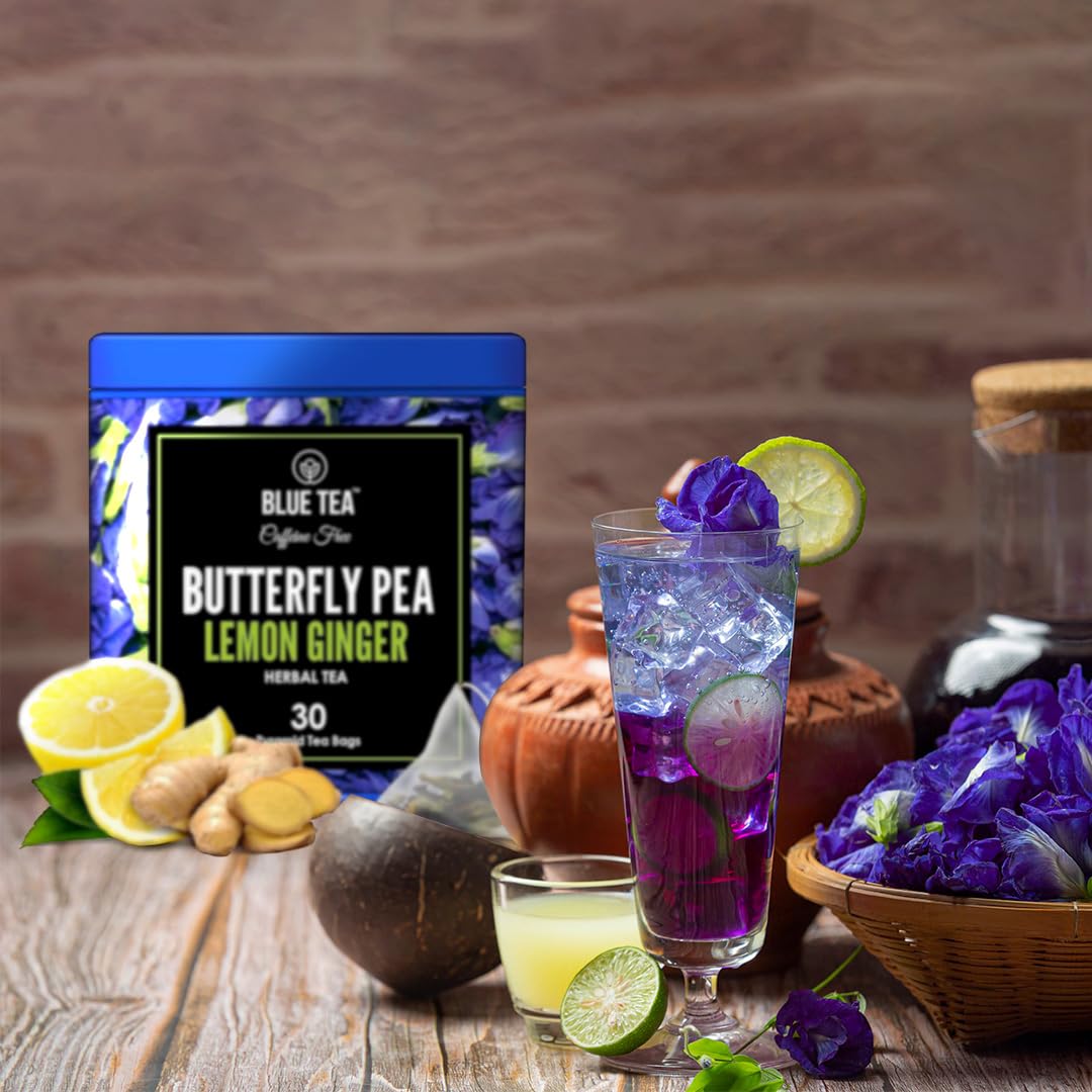 Blue Tea - Butterfly Pea Flower Tea - Lemon Ginger - 30 Count - Plant Based Tea Bags || Anti-Oxidant Rich || Vitamin-C Rich - Caffeine Free - Flower Based - Herbal Tea - Vegan - Detox Tea - Non-Gmo | Tin Packaging