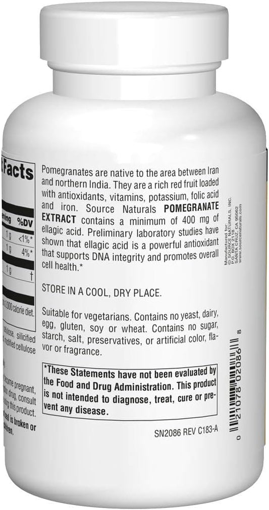 Source Naturals Pomegranate Extract, Antioxidant and DNA Health*, 500 mg | Vegetarian Friendly Pomegranate Fruit Extract Yielding 400 mg Ellagic Acid & Dietary Fiber - 240 Tablets