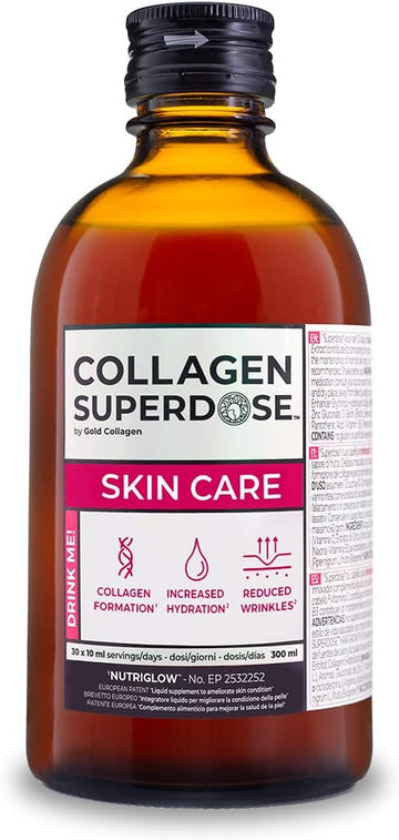 Gold Collagen Superdose Skin Care- Collagen Nutritional Supplements For Women & Men With Vitamin C, Biotin, Hyaluronic Acid, Zinc, Anti-Ageing Liquid For Hydrated Skin, Hair Growth, Strong Nails 300Ml