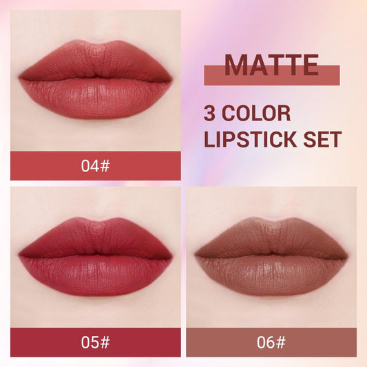 3Pcs Nude Rose Bright Red Warm Brown Lip Stick,Matte Cream Lipstick Set For Women,Long Lasting Waterproof Smudge Proof Velvet Lipsticks Crayon,Lip Makeup Kit Travel Size,Vegan & Cruelty-Free