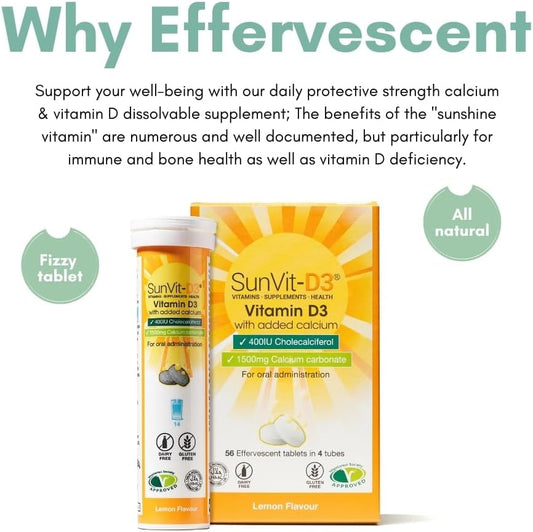 Sunvit-D3 Dissolvable Effervescent Lemon Calcium Fizzy Tablets 600Mg, With Vitamin D3 400Iu Daily Support For Strong Bones & Immune Health, Effervescent Calcium And Vitamin D Tablets 14 X 4 Tubes