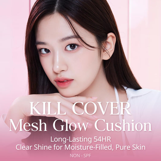 Clio Kill Cover Mesh Glow Cushion Foundation (Refill Included 15G*2, 23N Ginger), Glass Skin, Long-Lasting, Lightweight, Buildable Coverage, Glowy Skin Makeup