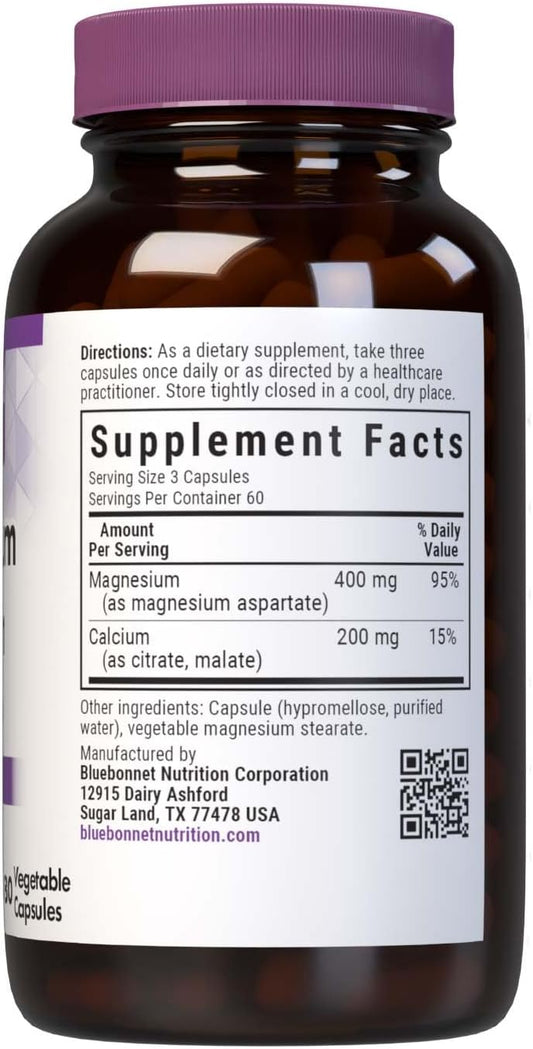 Bluebonnet Nutrition Magnesium & Calcium 2:1 Ratio, Bone Health*, Non-Gmo, Vegan, Kosher Certified, Gluten-Free, Soy-Free, Dairy-Free, 180 Vegetable Capsules, 60 Servings