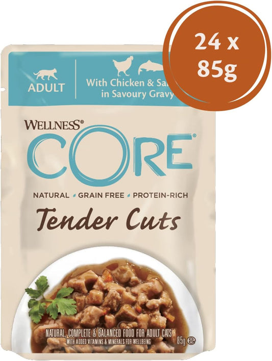 Wellness CORE Tender Cuts, Wet Cat Food, Cat Food Wet with Tender Pieces in Sauce, Grain Free, High Meat Content, Chicken & Salmon, 24 x 85 g?10660