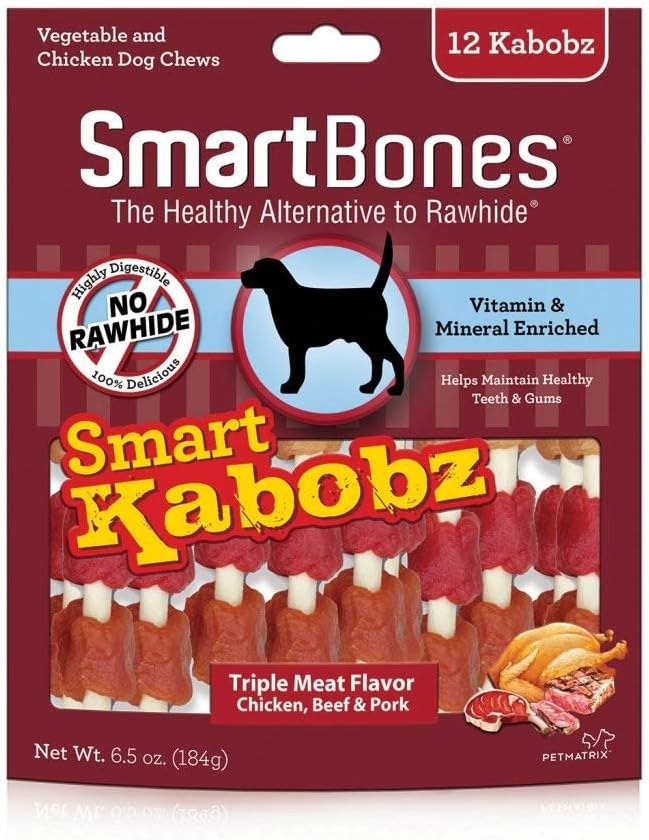 Smartbones Smart Kabobz, Treat Your Dog To A Rawhide-Free Chew Made With Real Chicken, Beef And Pork, 12 Count