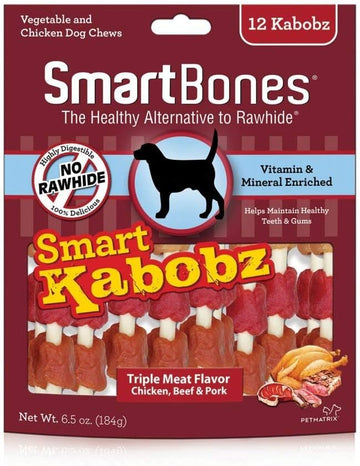 Smartbones Smart Kabobz, Treat Your Dog To A Rawhide-Free Chew Made With Real Chicken, Beef And Pork, 12 Count