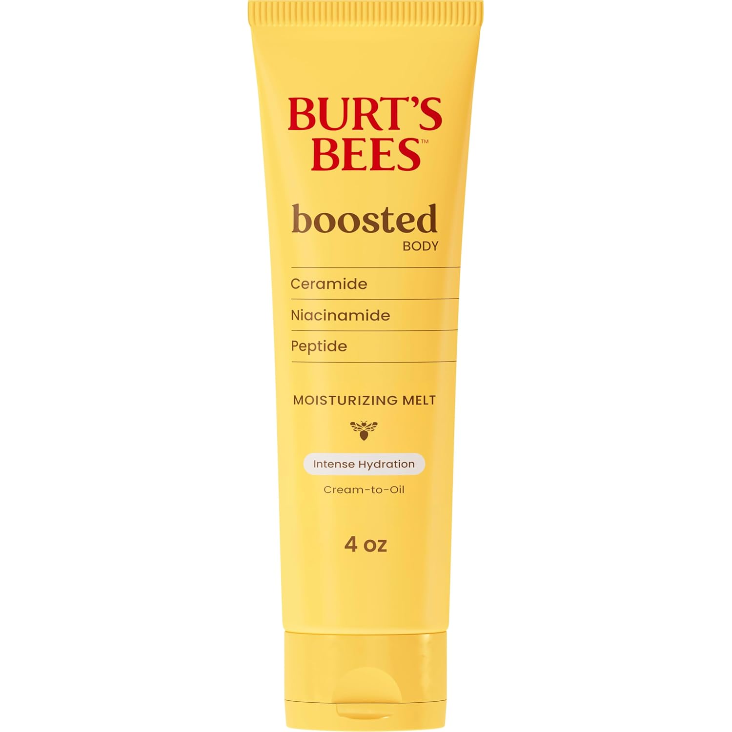 Burt'S Bees Boosted Body Moisturizing Melt With Ceramide, Niacinamide And Peptide, Intense Skin Hydration, Cream-To-Oil Body Lotion Supports Skin Barrier, Tropical Scent, 4 Oz. Tube