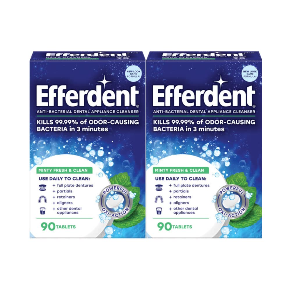 efferdent Retainer Cleaning Tablets, Denture Cleaning Tablets for Dental Appliances, Minty Fresh & Clean, 90 Count, New Packaging - PACKAGING MAY VARY (Pack of 2)