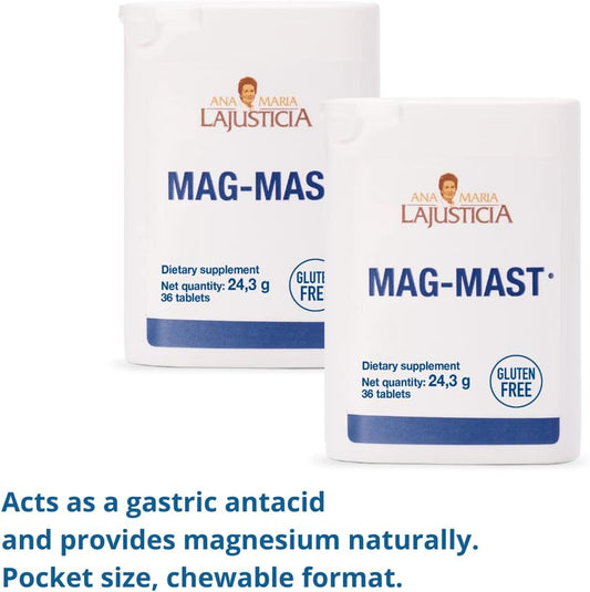 Ana Maria Lajusticia - MAG MAST - Pocket Format - Easy to take, Easy to Carry - Natural Antacid and Magnesium Source. 54 Tablets. Dariy and Gluten Free. Vegan Friendly